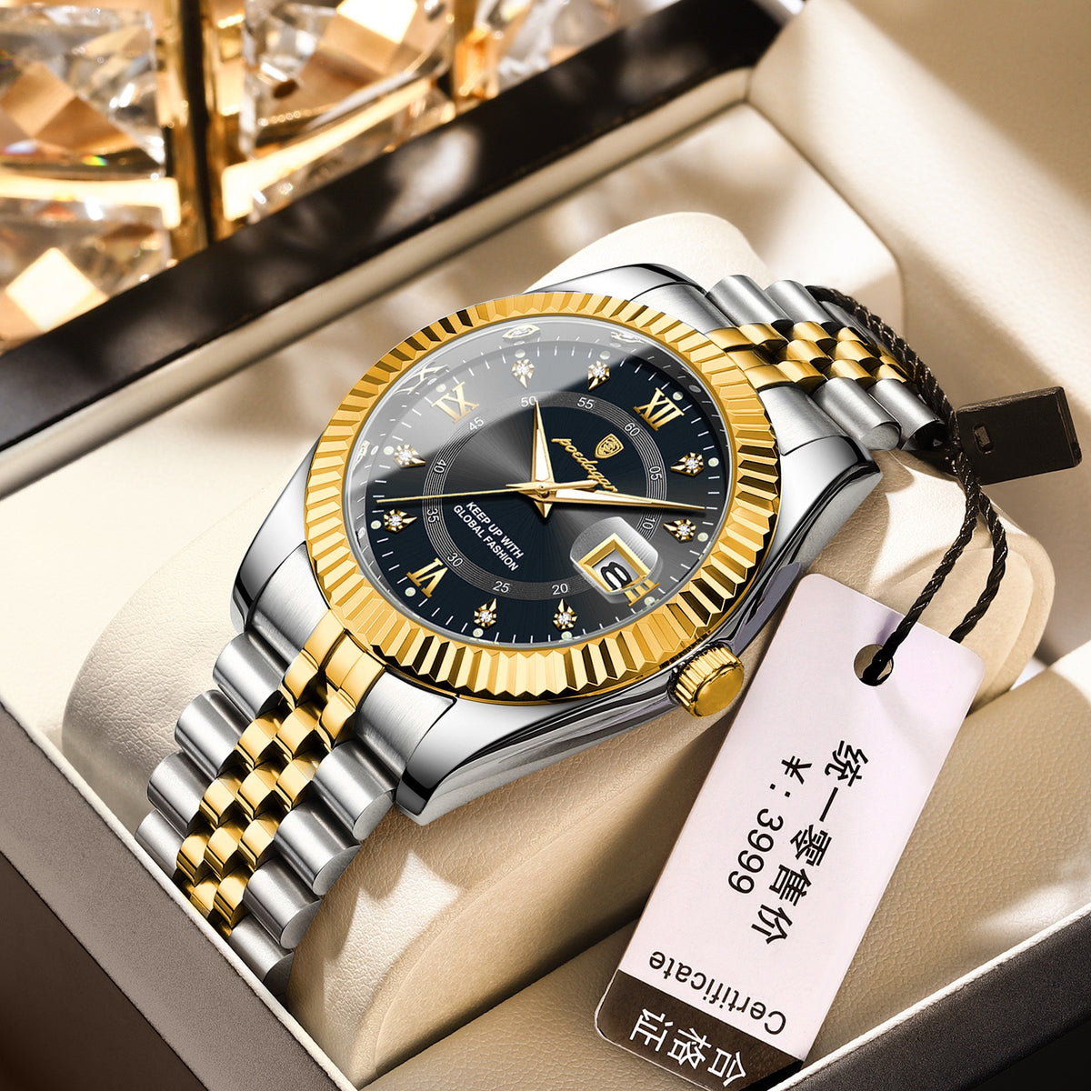 Men Luxury Business Quartz Watch, Two‑Tone Gold Silver Stainless Steel Band, Blue Dial Calendar Dress Wrist Watch for Men