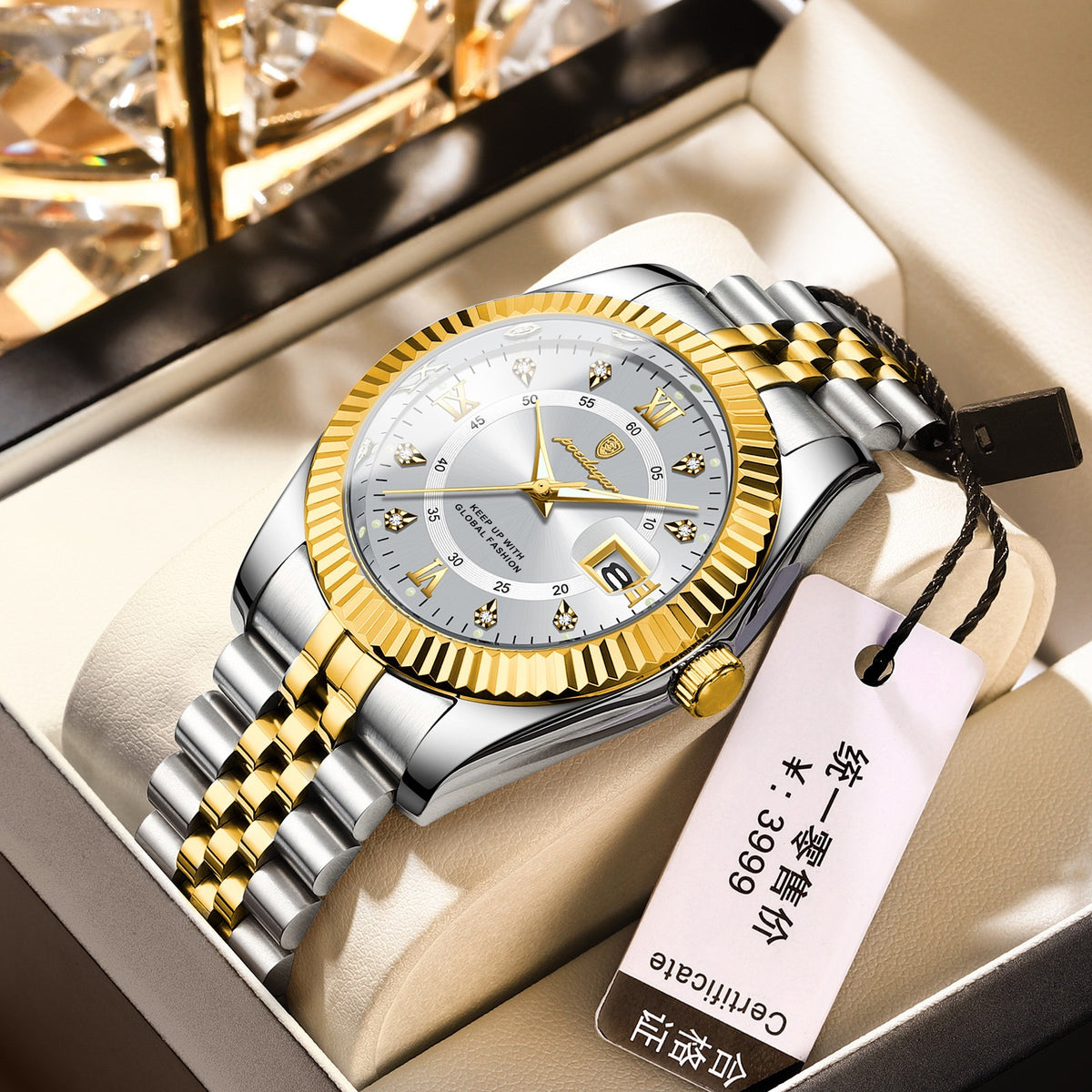 Men Luxury Business Quartz Watch, Two‑Tone Gold Silver Stainless Steel Band, Blue Dial Calendar Dress Wrist Watch for Men