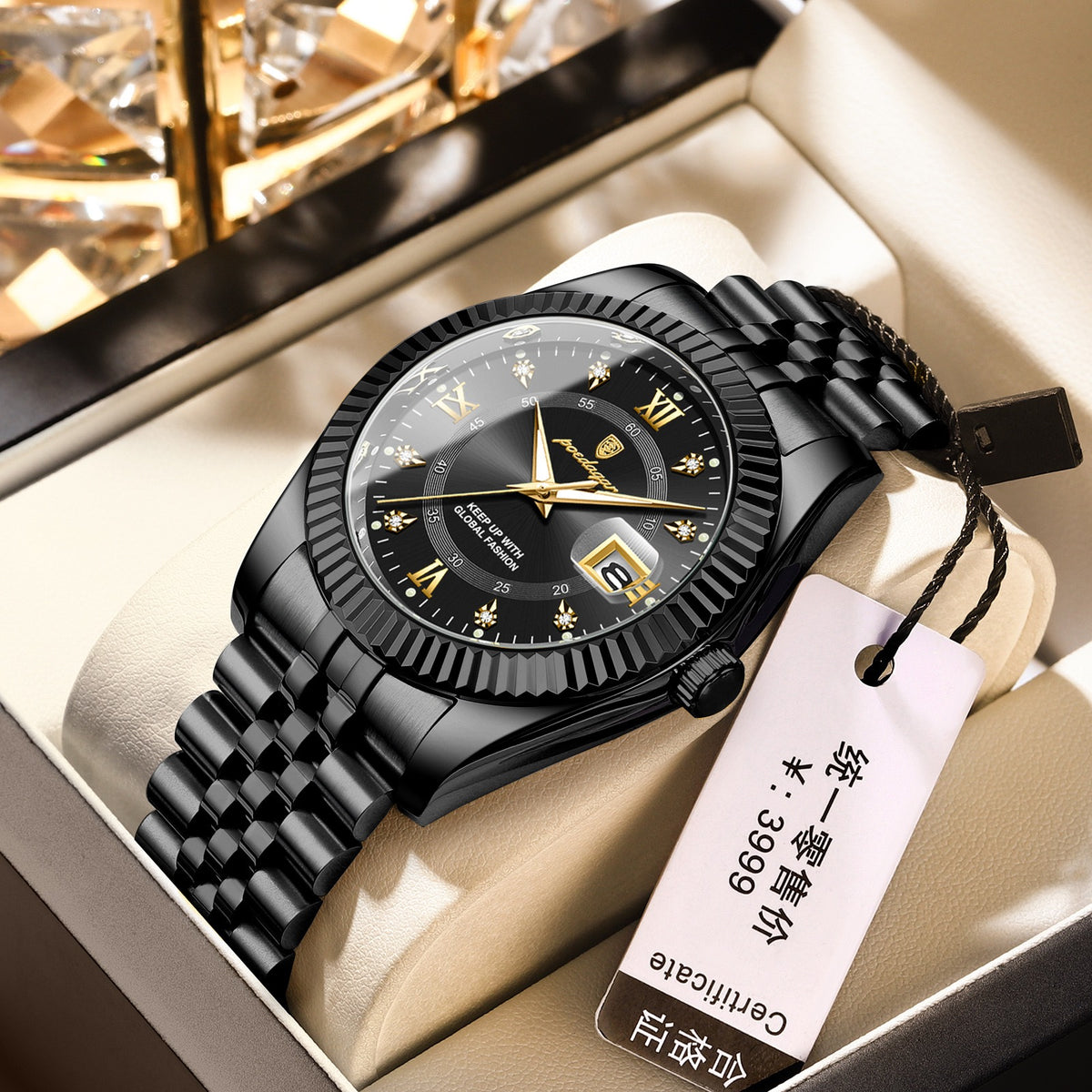 Men Luxury Business Quartz Watch, Two‑Tone Gold Silver Stainless Steel Band, Blue Dial Calendar Dress Wrist Watch for Men
