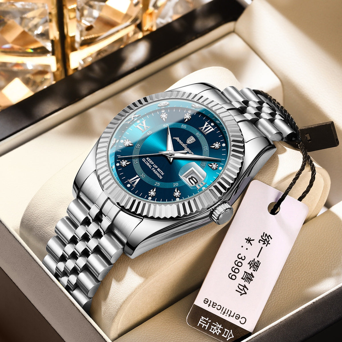 Men Luxury Business Quartz Watch, Two‑Tone Gold Silver Stainless Steel Band, Blue Dial Calendar Dress Wrist Watch for Men