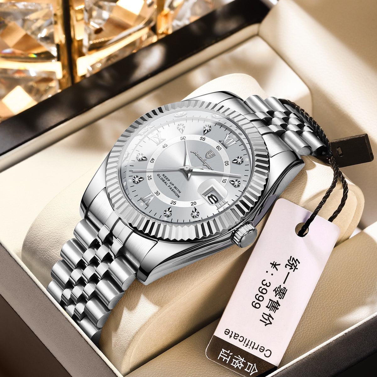 Men Luxury Business Quartz Watch, Two‑Tone Gold Silver Stainless Steel Band, Blue Dial Calendar Dress Wrist Watch for Men