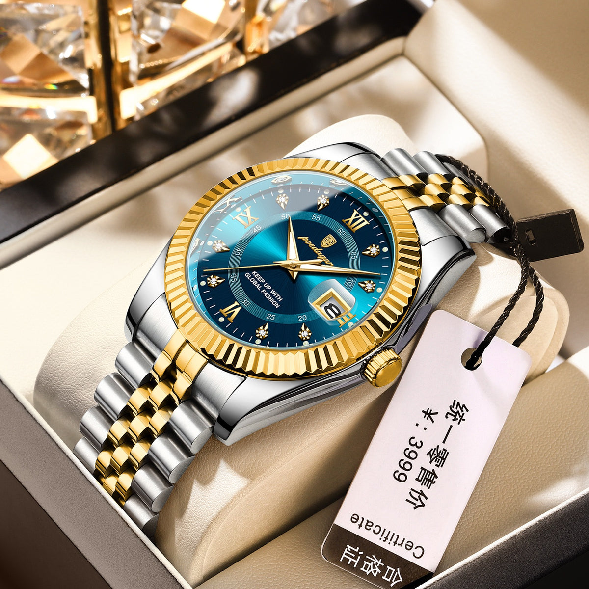 Men Luxury Business Quartz Watch, Two‑Tone Gold Silver Stainless Steel Band, Blue Dial Calendar Dress Wrist Watch for Men